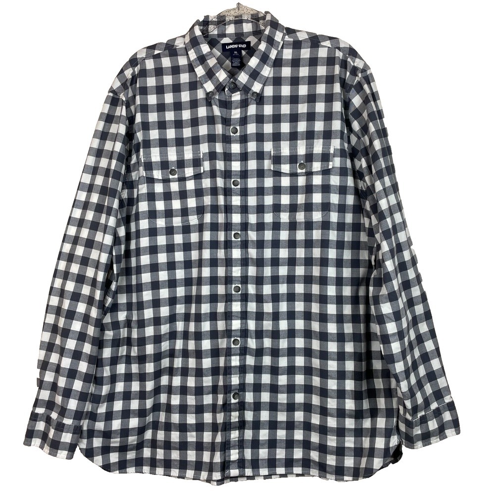 Lands End Traditional Fit XL Button Down Black/White/Grey Plaid Shirt